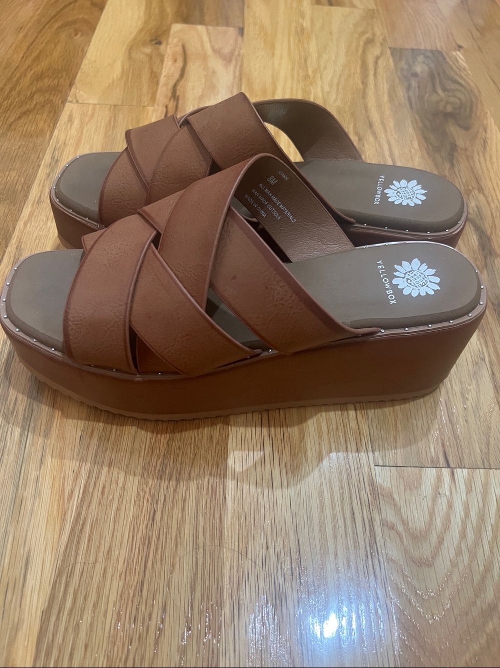 Yellow Box Brown Crossband Platform Slide Mules - Picture 2 of 5